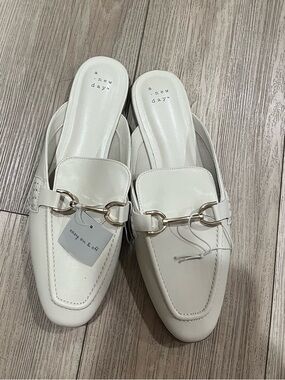 White Slip-On Loafer Mules with Gold Bit Hardware